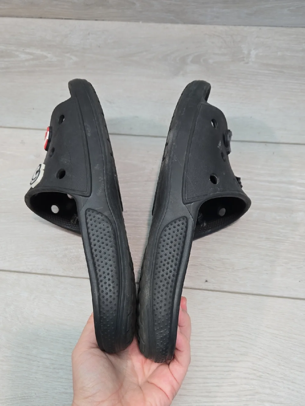 Crocs Women Black Slide Sandals with Sport Charms Flats Shoes Sz W12 M10